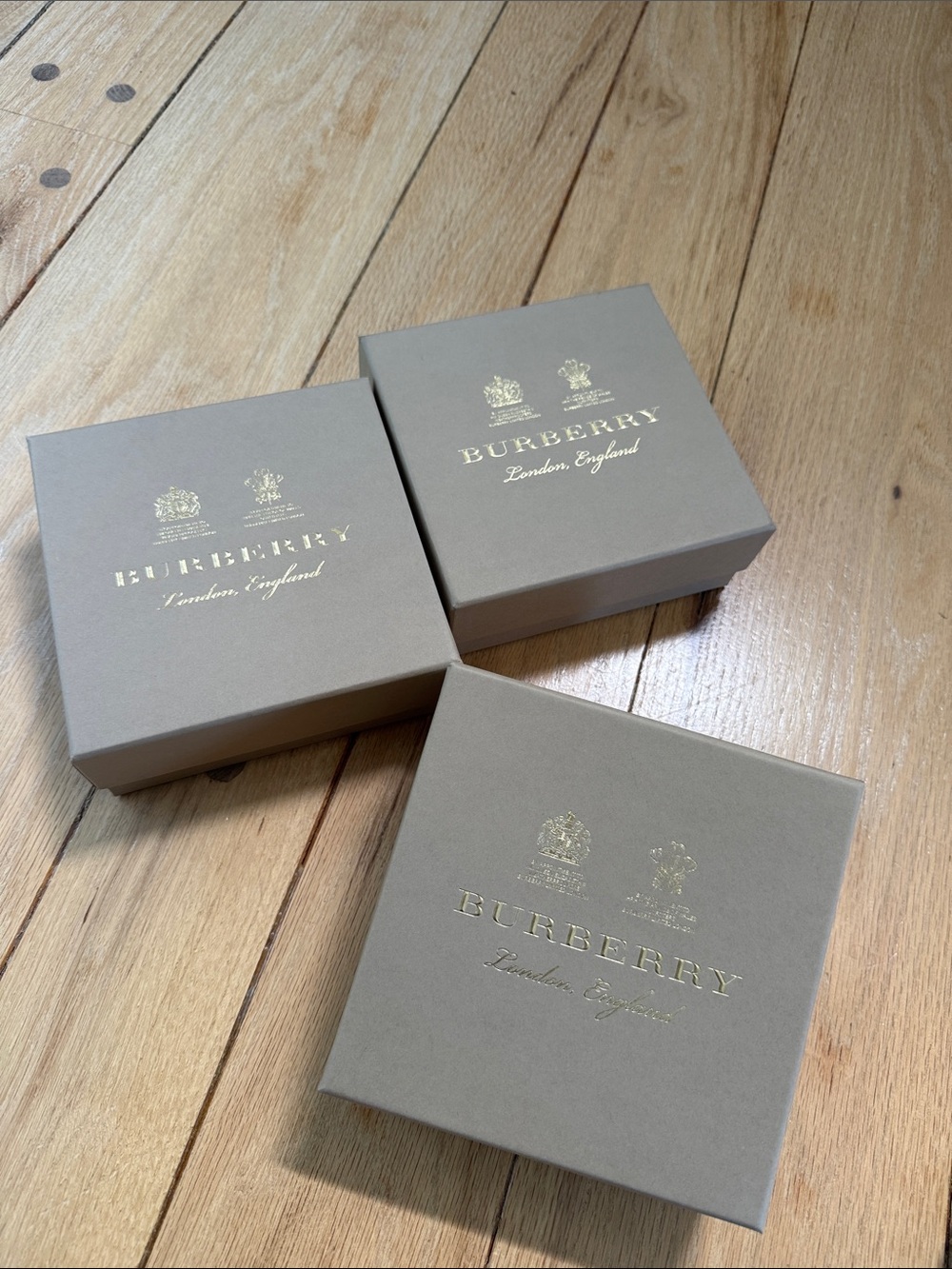 Burberry Taupe Accessory Boxes with Gold Logo (Set of 3) 6.5”x6.5”x2.5”
